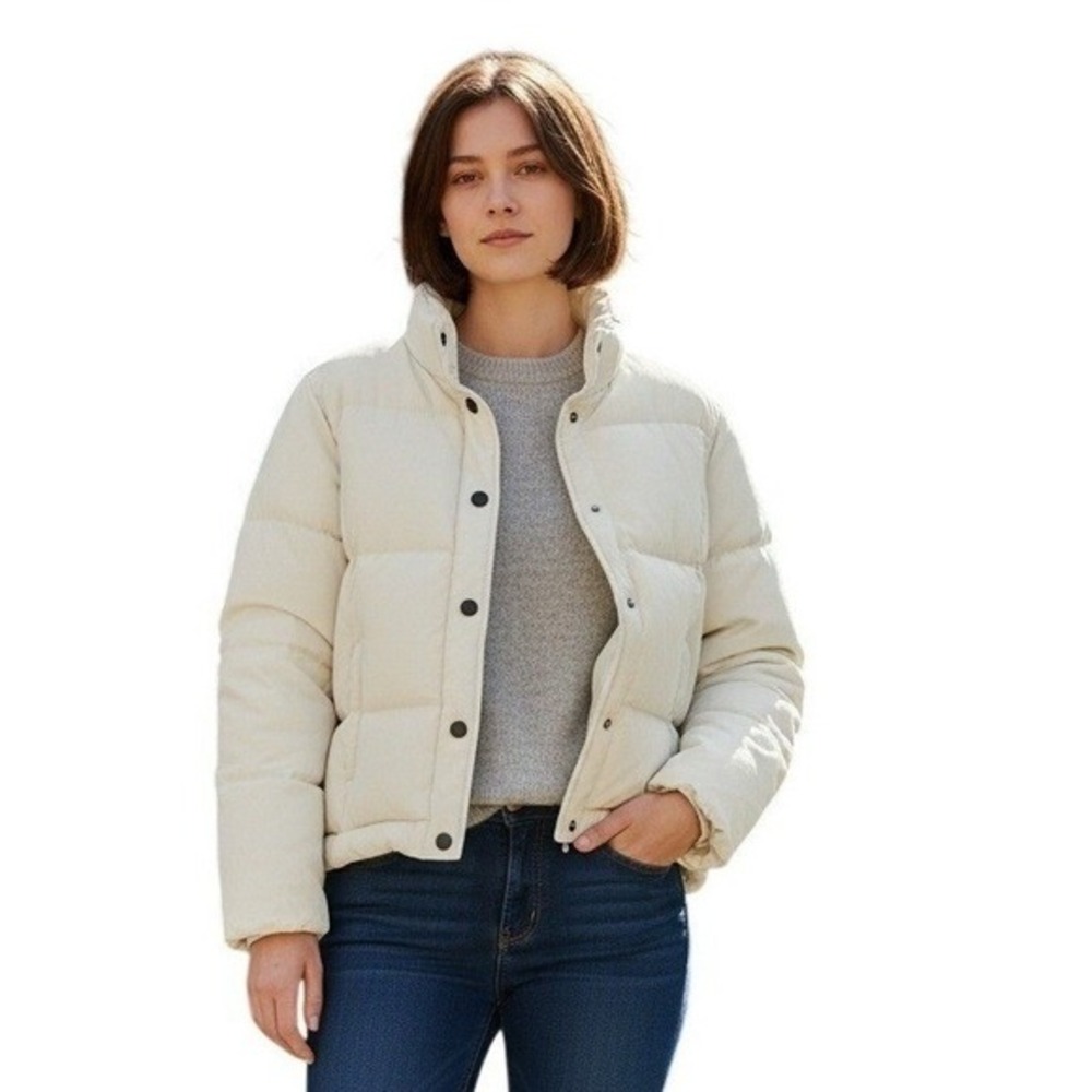 GAP Puffer Jacket‎ White Down Quilted Fleece Lined Collar Full Zip Pockets M